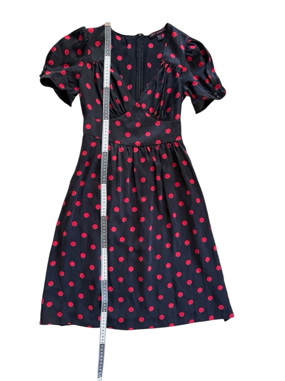 Vintage Betsey Johnson 100% Silk Black Red Polka Dot Puff Sleeve Dress - Picture 12 of 16